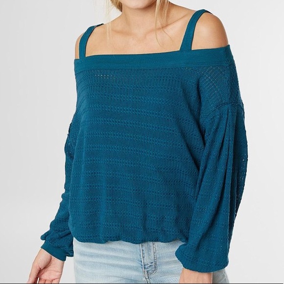 NWT Free People Sistine Cold Shoulders Hacci Sweater Top - Turquoise Size XS - Picture 3 of 10